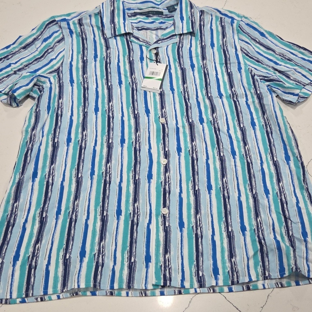 Perry Ellis Blue Striped Casual Button Down Shirt Sz L NEW WITH TAG